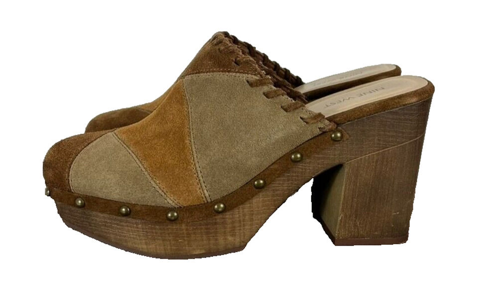 Nine West Clogs Shoes Womens 9M Peaced4 Womens Brown Suede Patchwork